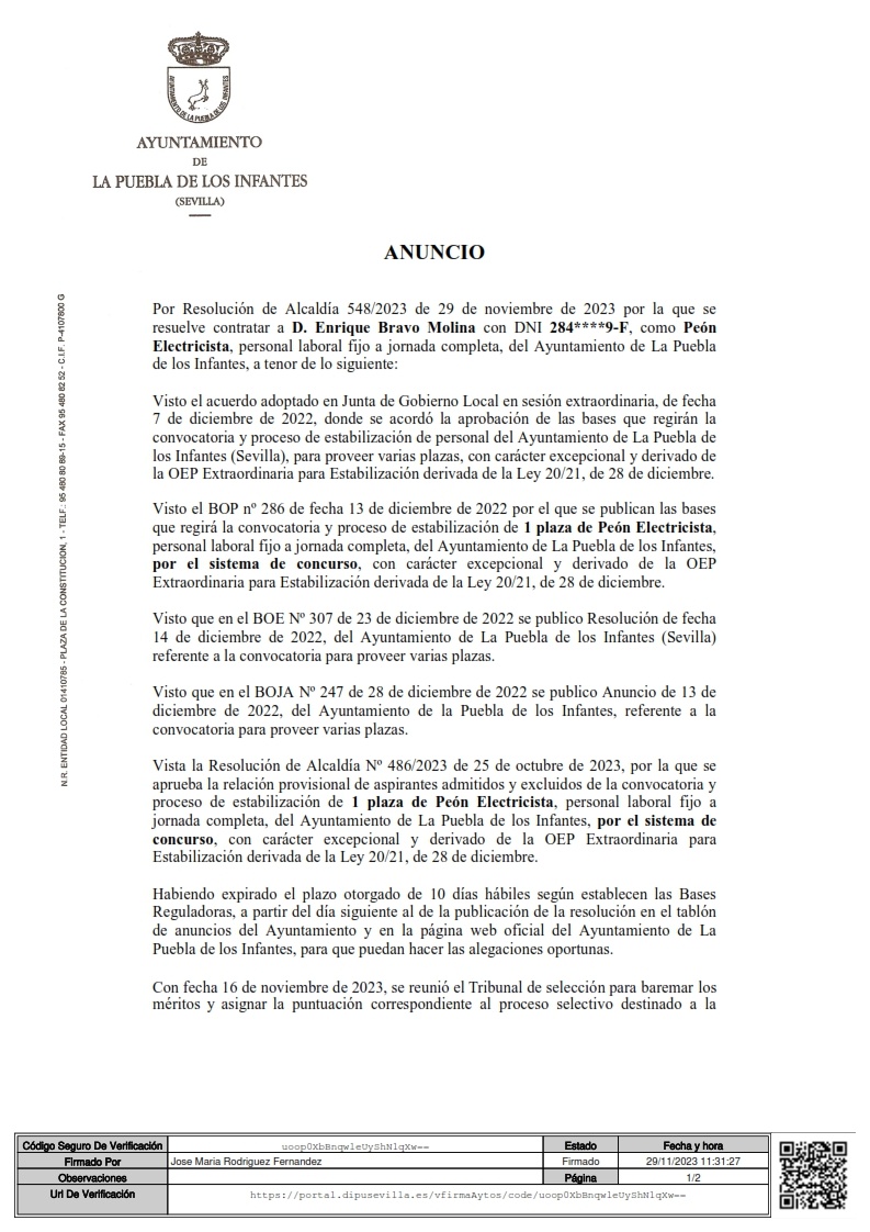 Anuncio BOP Nombramiento Peón Electricista F_001