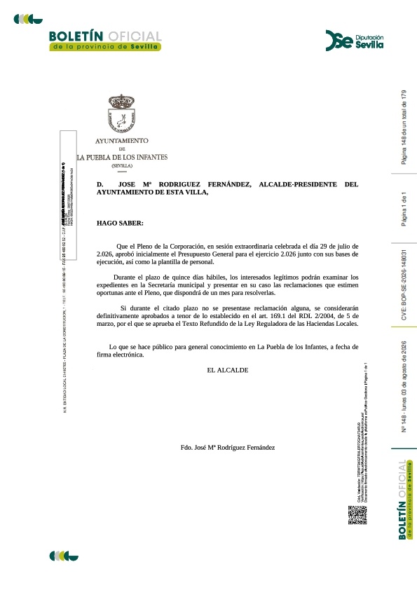 Anuncio aprobación inicial Presupuesto 2026